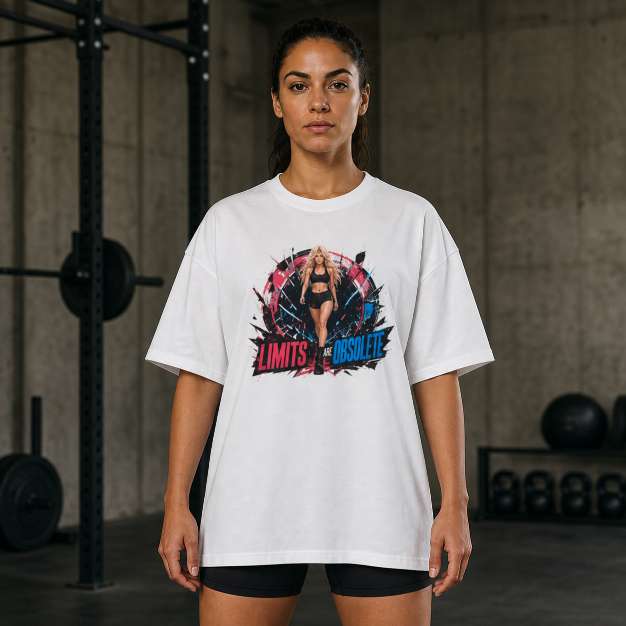 Athletic woman wearing the Kasia Limits Are Obsolete oversized white T-shirt in a gym