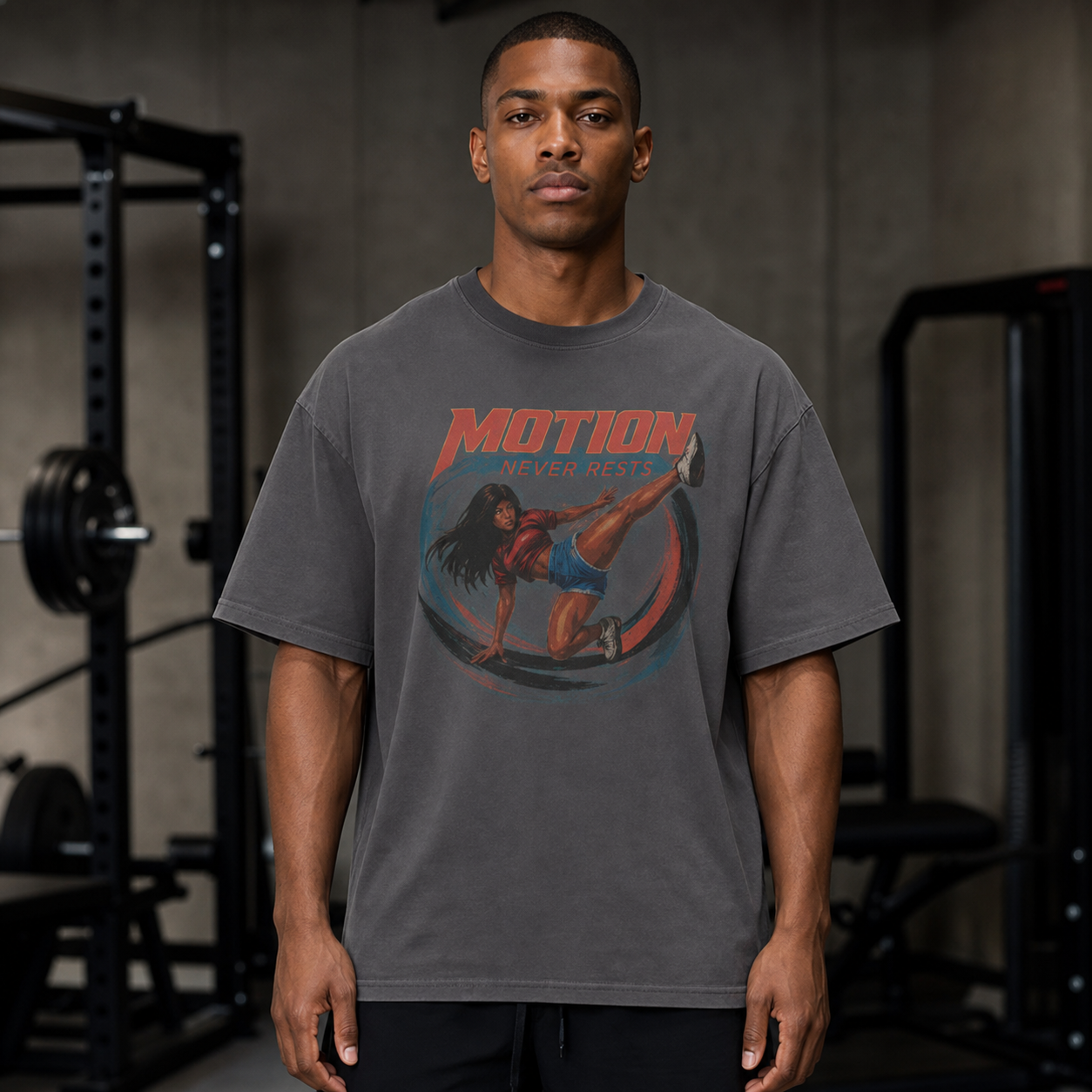 Athletic man wearing the Vicki Motion Never Rests oversized charcoal T-shirt in a gym