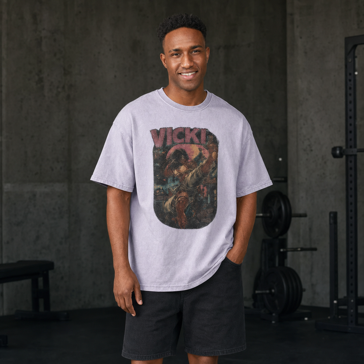 Athletic man wearing the Vicki Rio Flow acid-wash T-shirt in a gym