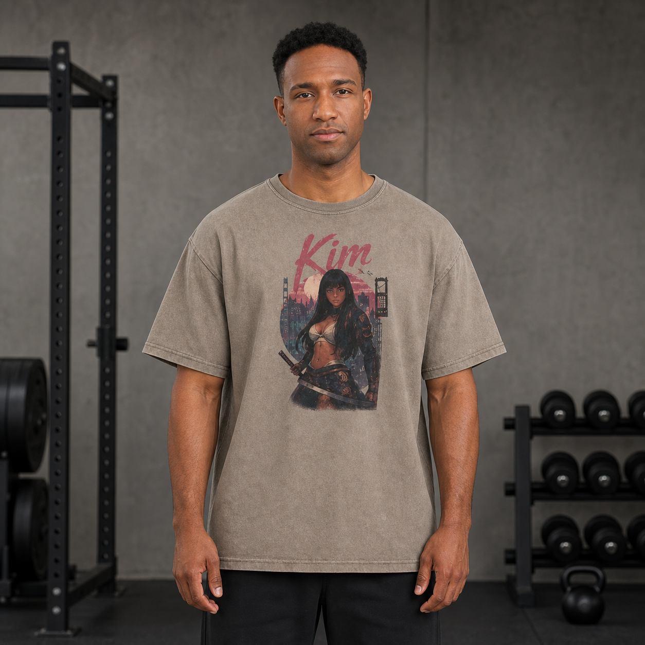 Athletic woman wearing the Kim Fight Club 99 acid-wash T-shirt in a gym