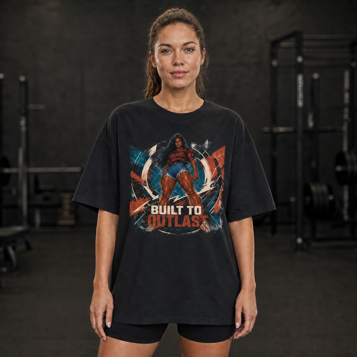 Athletic woman wearing the Kasia Built to Outlast oversized black T-shirt in a dark gym