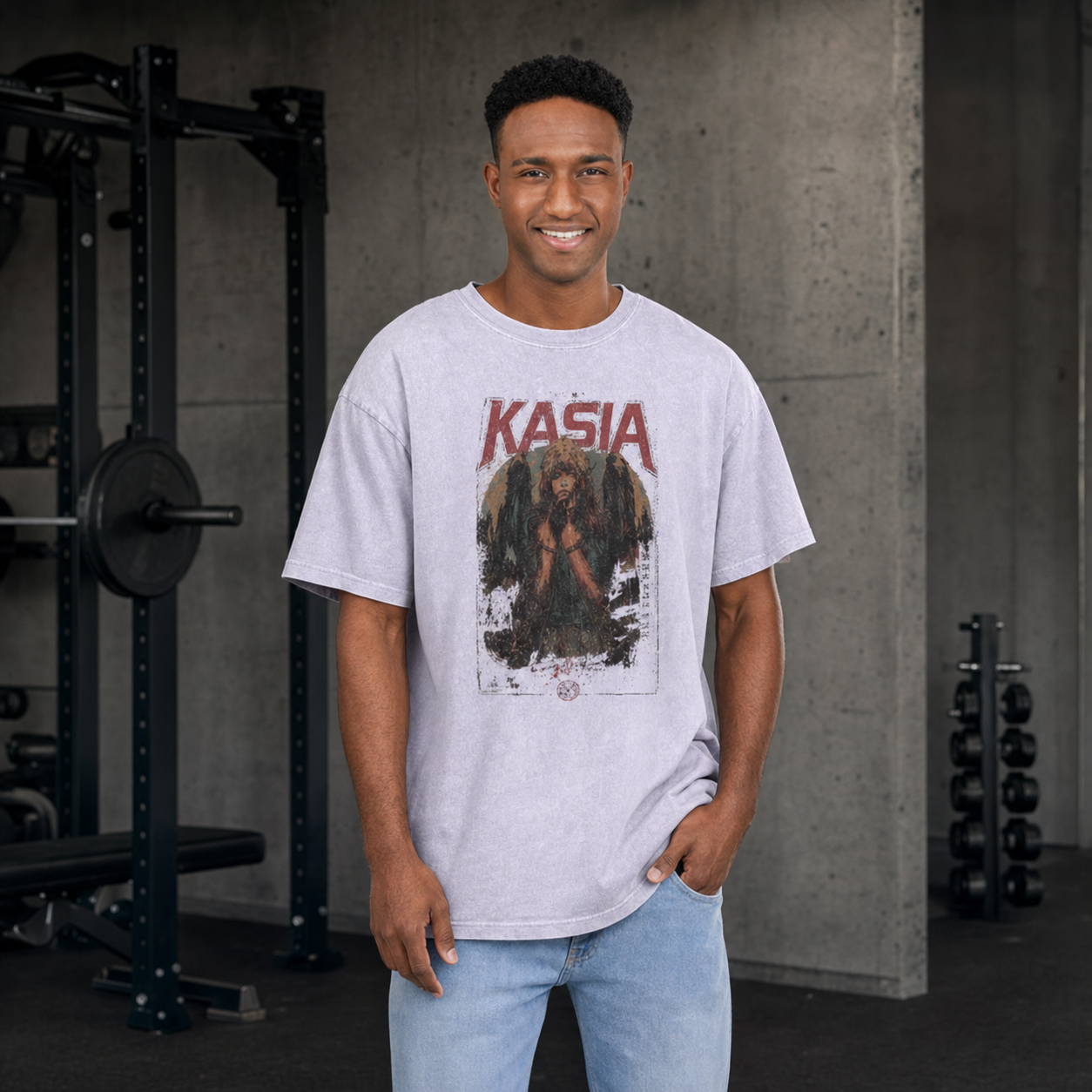 Athletic man wearing the Kasia Fight Club 99 acid-wash T-shirt in a gym