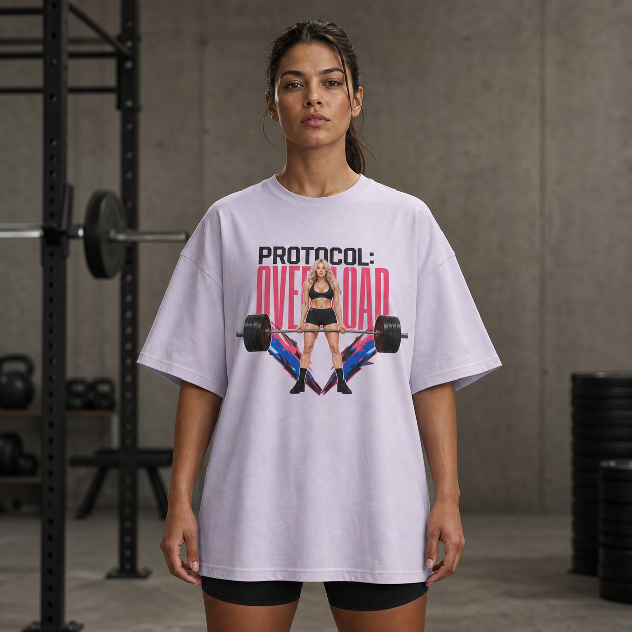 Athletic woman wearing the Kasia Protocol: Overload oversized lilac T-shirt in a gym