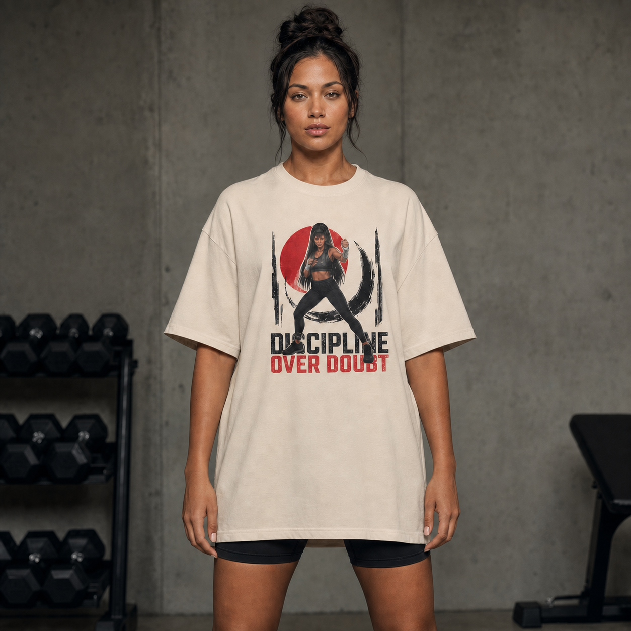 Athletic woman wearing the Kim Discipline Over Doubt oversized sand T-shirt in a gym