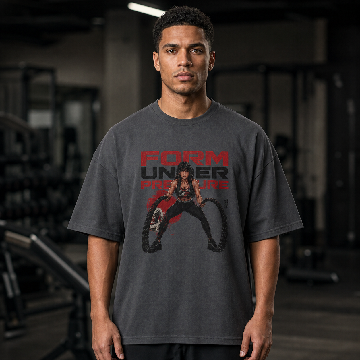 Athletic man wearing the Kim Form Under Pressure oversized charcoal T-shirt in a gym