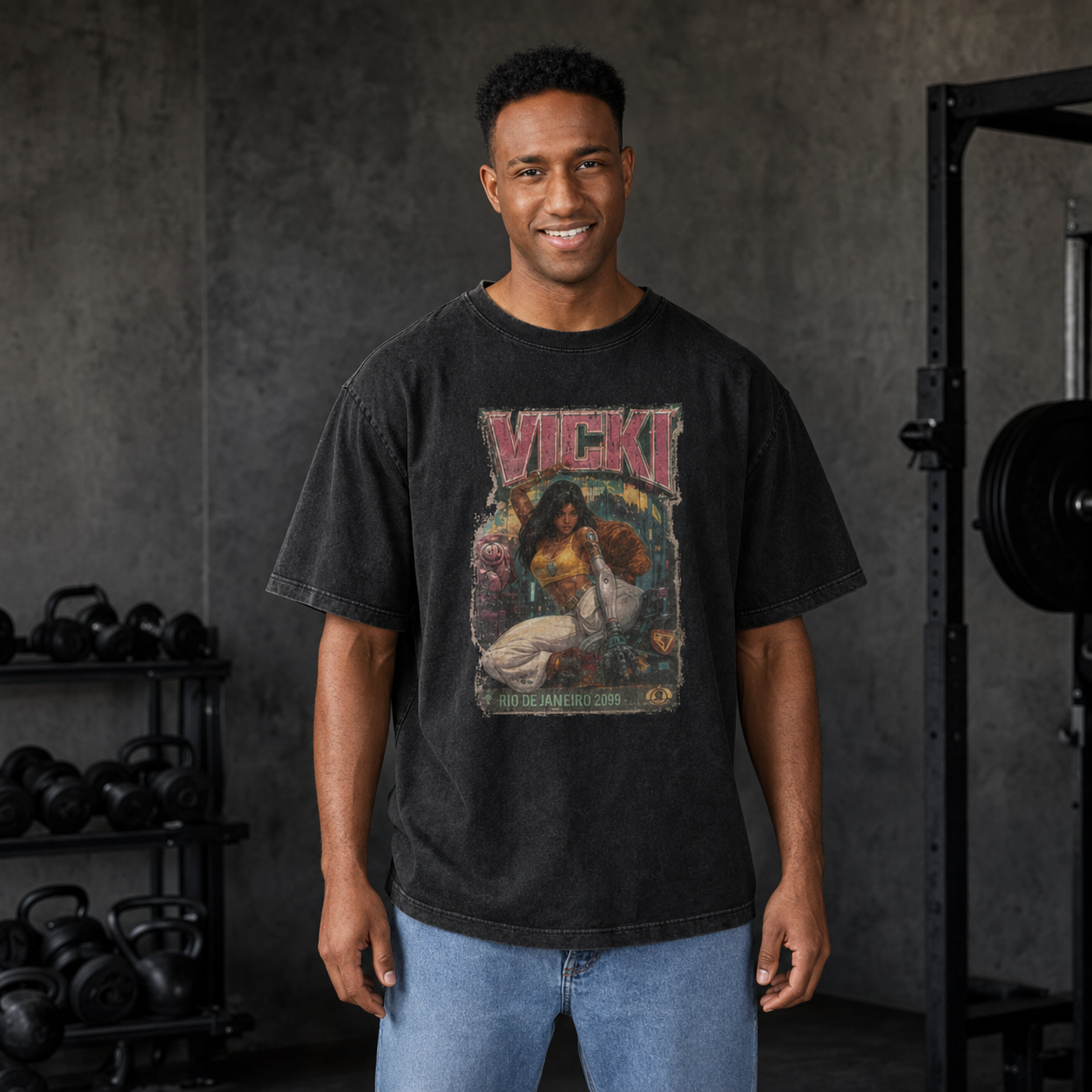 Athletic man wearing the Vicki Rio 2099 acid-wash black T-shirt in a gym